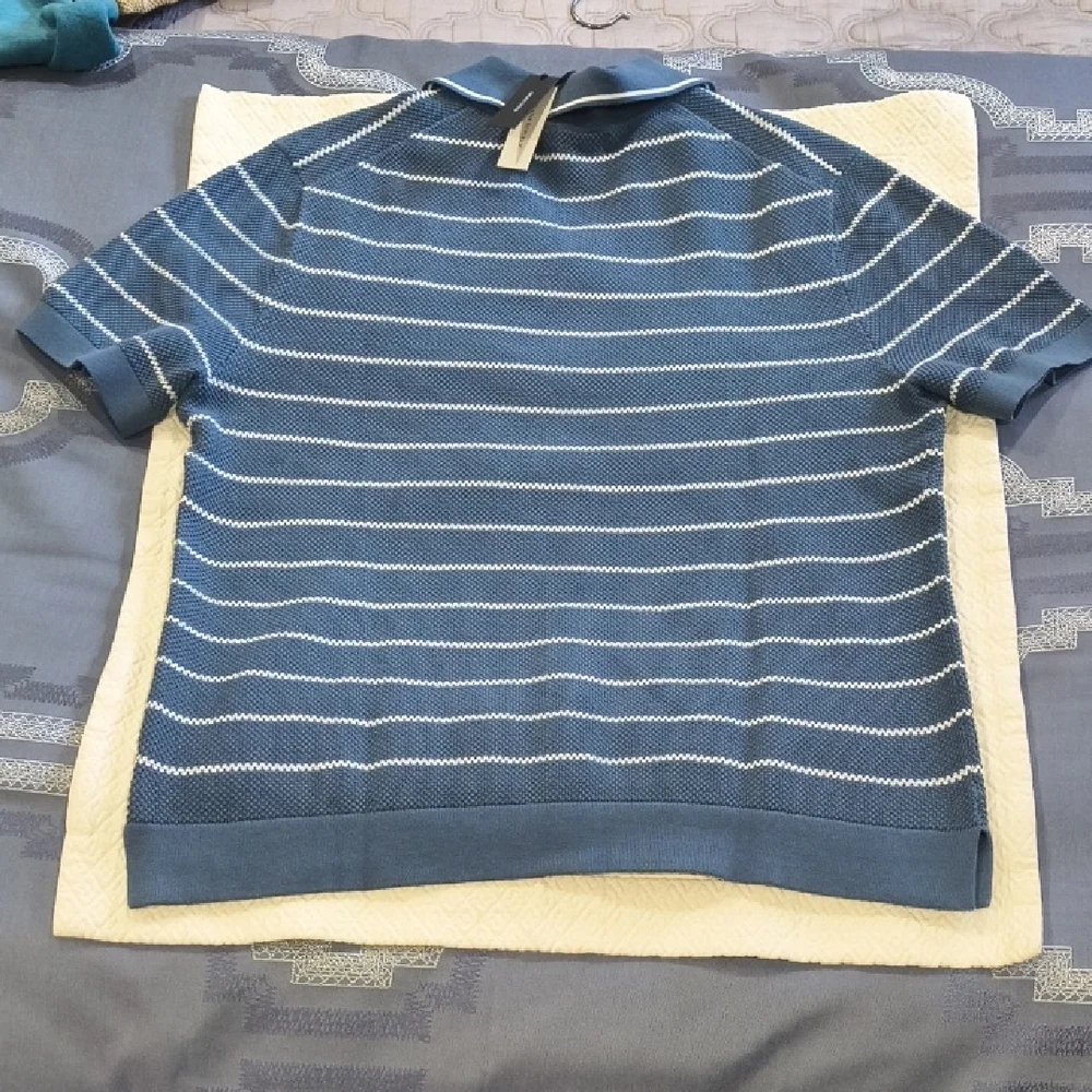Banana Republic Texture Stripe 100% Organic Cotton Johnny Collar Polo